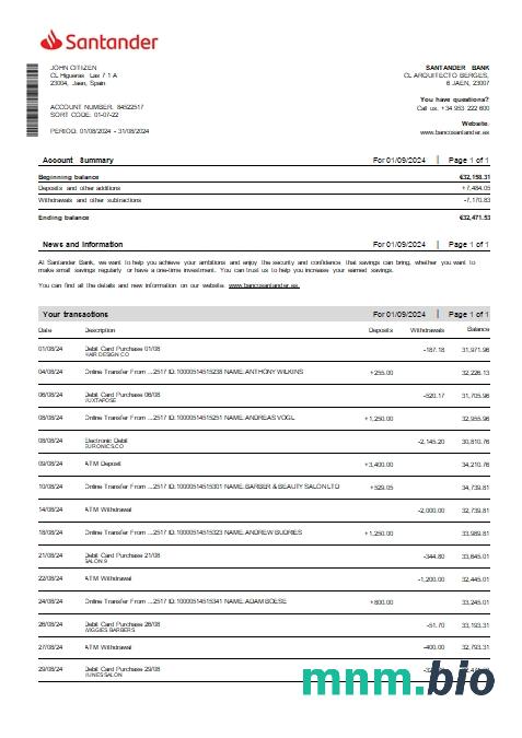 Hiszpania Santander wyciąg z karty kredytowej szablon, Word i PDF format, 2 strony